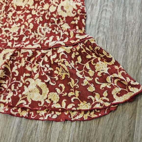 Vtg Floral Ruffle Skirt Womens L Red Beige Knee Length Cottagecore Boho Retro - Picture 3 of 8